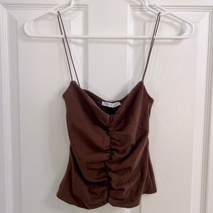 Zara (M) Ruched Brown Neutral Tank Top w/ Elastic Thin Straps Minimalist Sexy